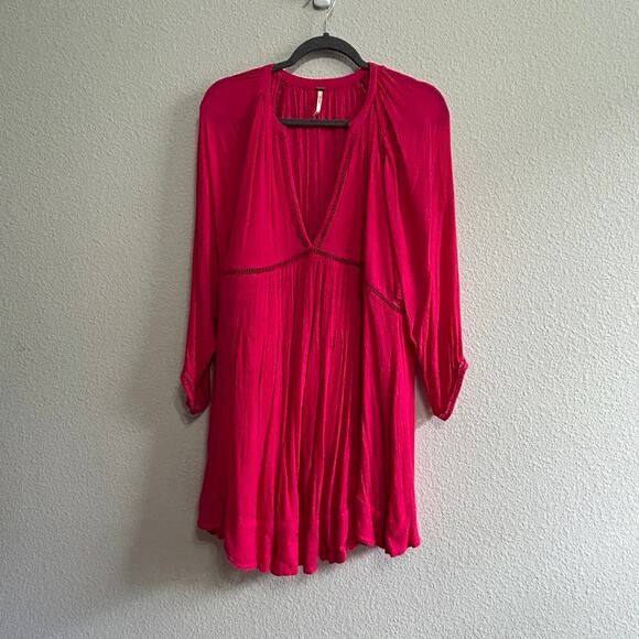Free People Go Lightly V-Neck Swing Dress Medium Hot Pink Boho Soft Grunge Chic - Picture 2 of 13